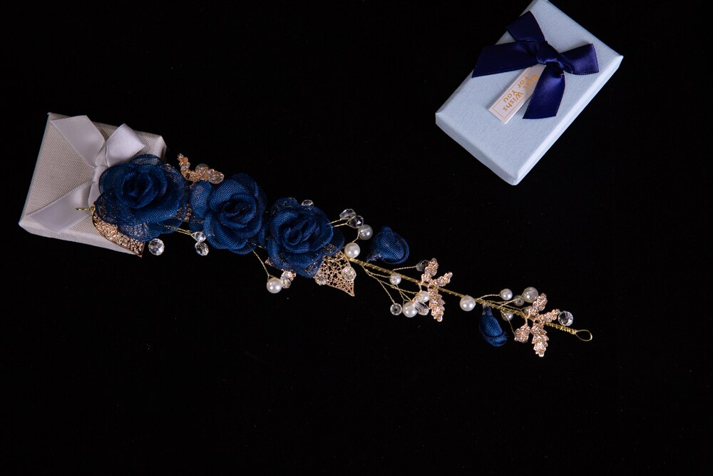 Diadema de flores azul Aqua hecha a mano, diadema de perlas para boda, diademas para desfile nupcial, accesorios para la cabeza para mujeres, Tiaras de joyería: Navy Blue