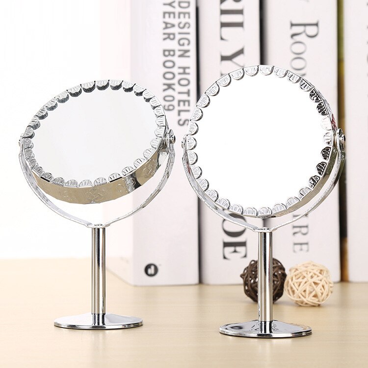Holdbart dobbeltsidet klart makeup spejl normal stand forstørrelsesglas rund form metal hd kosmetisk spejl til