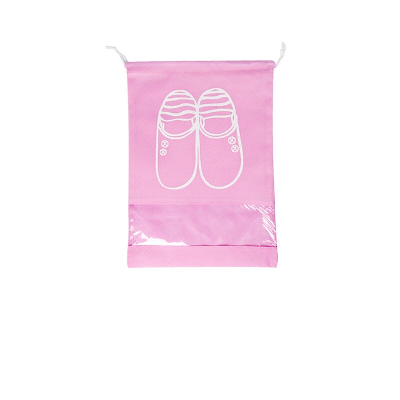 Nonwoven Fabric Shoe Storage Bag With Drawstring Clear Window Waterproof TravelPackage Luggage Dust Bag Shoes Organization Bag: Pink / 35.5x28cm