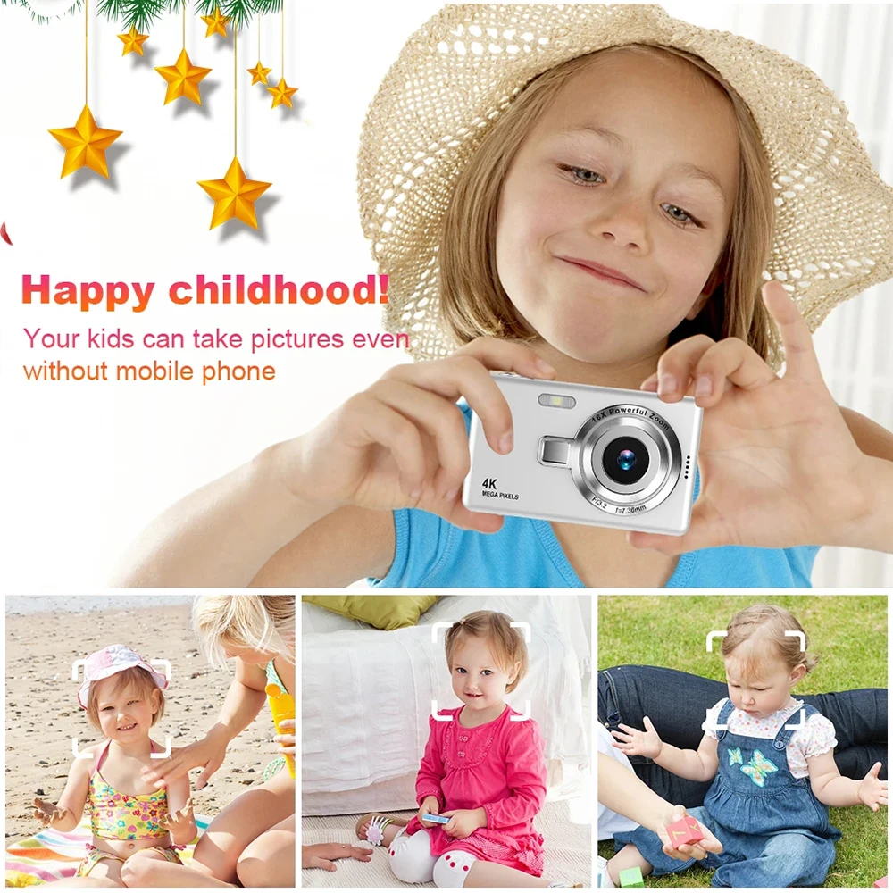 Cámara Digital 4K HD, videocámara para niños, cámara de fotos instantánea antivibración para exteriores, cámaras compactas con Zoom 16x para fotografía de principiantes