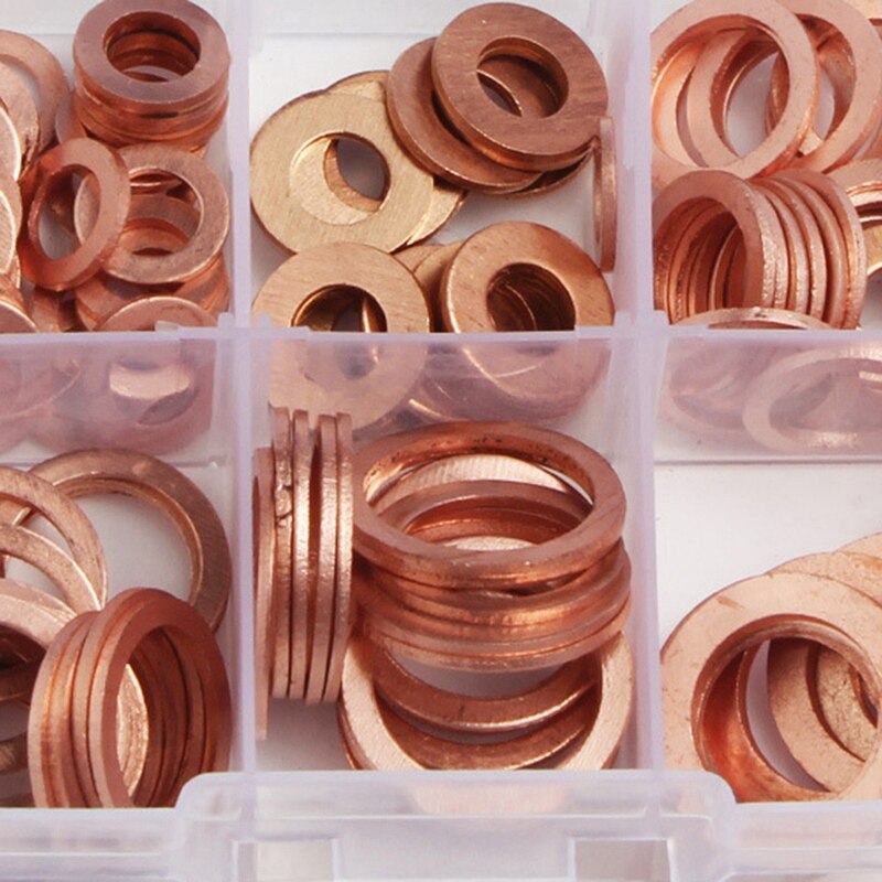 200Pcs 9 Sizes Copper Washers Assorted Solid Copper Gasket Washers Sealing Ring Set Hardware Kit M5/6/8/10/12/14 with Plastic Ca