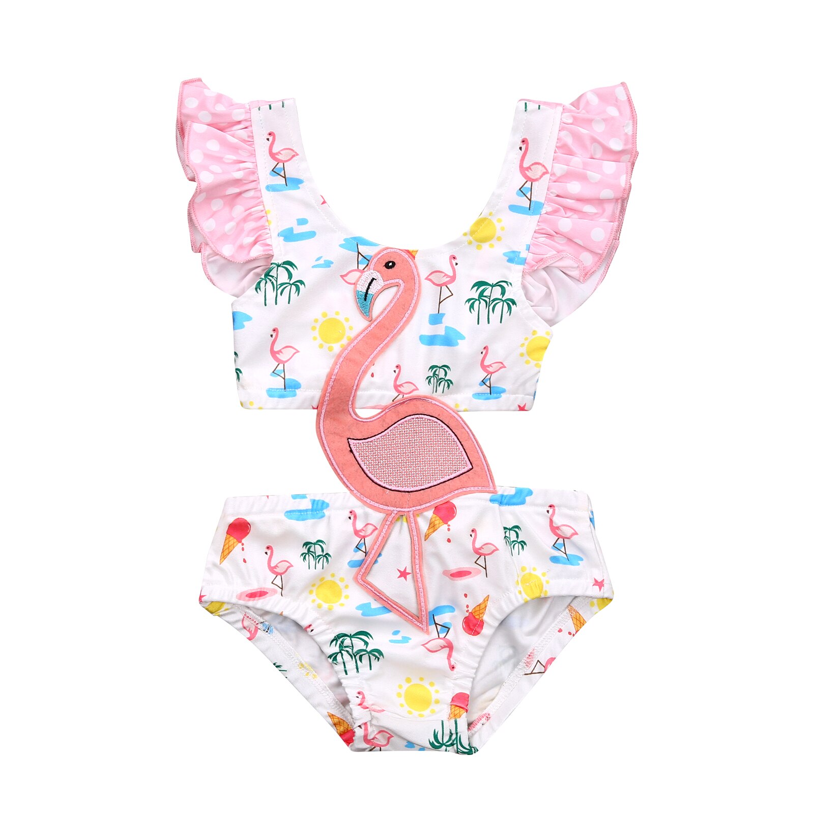0-3Y Summer Girls Sweet 3D Flamingo Print One Piece Swimsuit Hollow Ruffles Backless Suspender Swimwear Beachwear