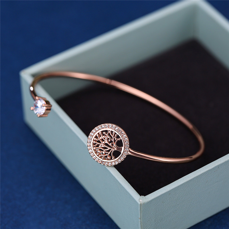 Pulsera delicada de piedra de circón blanco para mujer, pulseras ajustables con árbol de la vida para mujer, bonita pulsera de boda de oro rosa