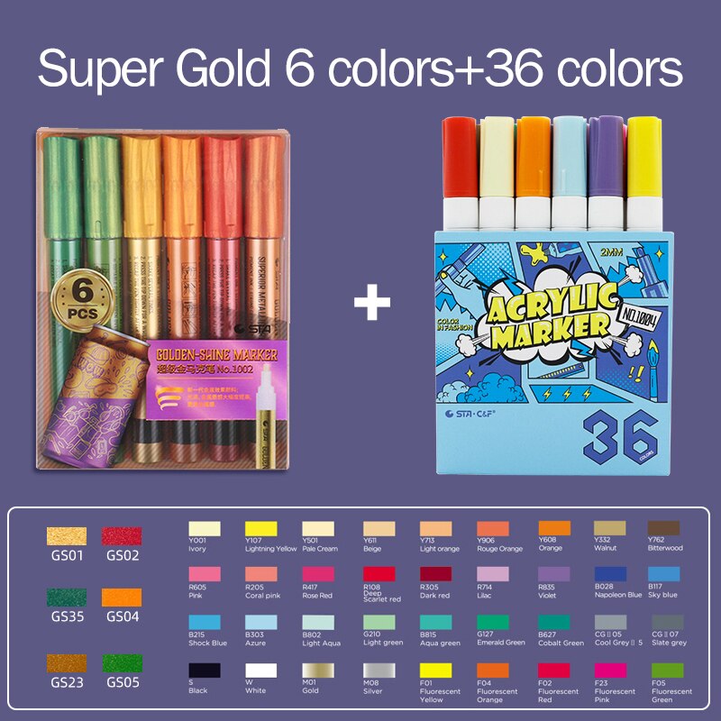 STA 1004 DIY Acrylic Markers Pen Set Drawing Poster Journal Scrapbook Painting Graffiti Pens For School Student Art Supplies: 6 36color-1002-1004