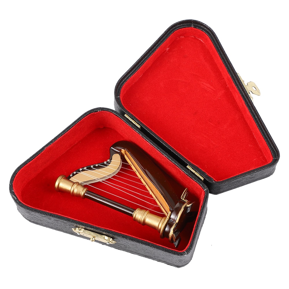 Arpa in miniatura in legno con custodia Mini strumento musicale ornamento in miniatura