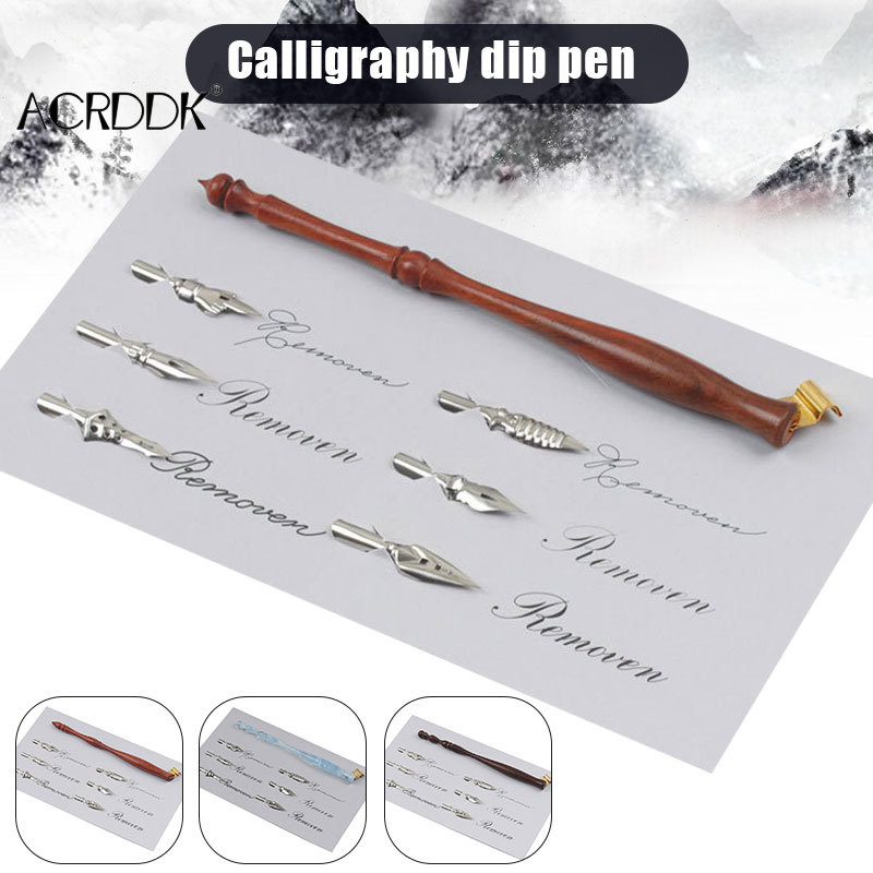 Wood/Resin Handcrafted Calligraphy Nib Holder Set Dip Pen with 6 Nib for Lettering Calligraphy Poster Making FL