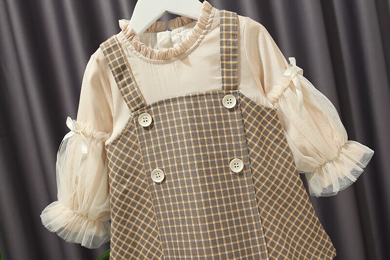 Filles automne Plaid faux deux pièces manches bouffantes robe de princesse Style britannique jupe décontracté complet au-dessus du genou, Mini coton régulier