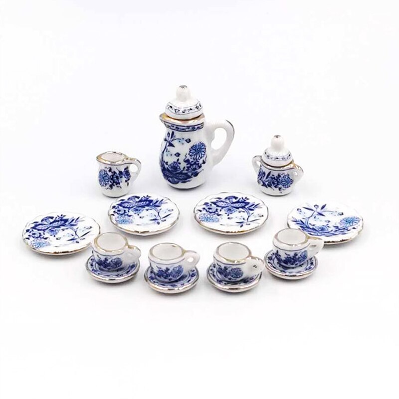 15pcs 1:12 Mini Porcelain Tea Cup Set China Flower Tableware Kitchen Doll House Scene Model Play House Toys: C