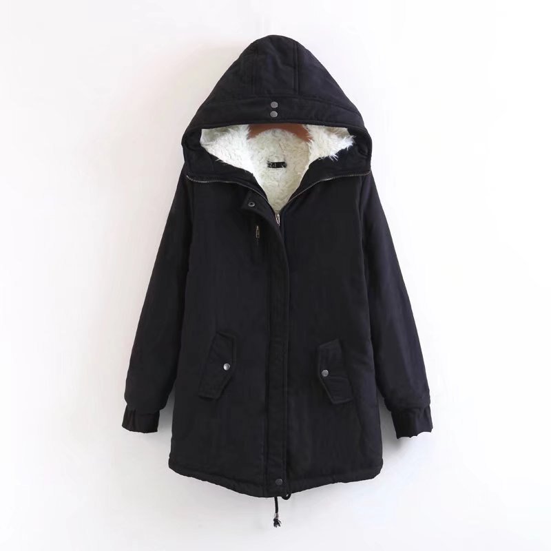 Chaude hiver veste manteau femmes décontracté Parka épaissir laine d'agneau épissure Outwear femme longue fermeture éclair à capuche hiver veste: black / XXL