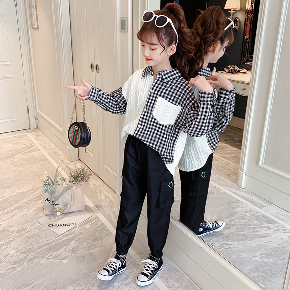 Shirts For Girls Plaid Pattern Blouse For Girl Patchwork Children's Shirts For Girls Spring Autumn Teenage Clothes For Girls