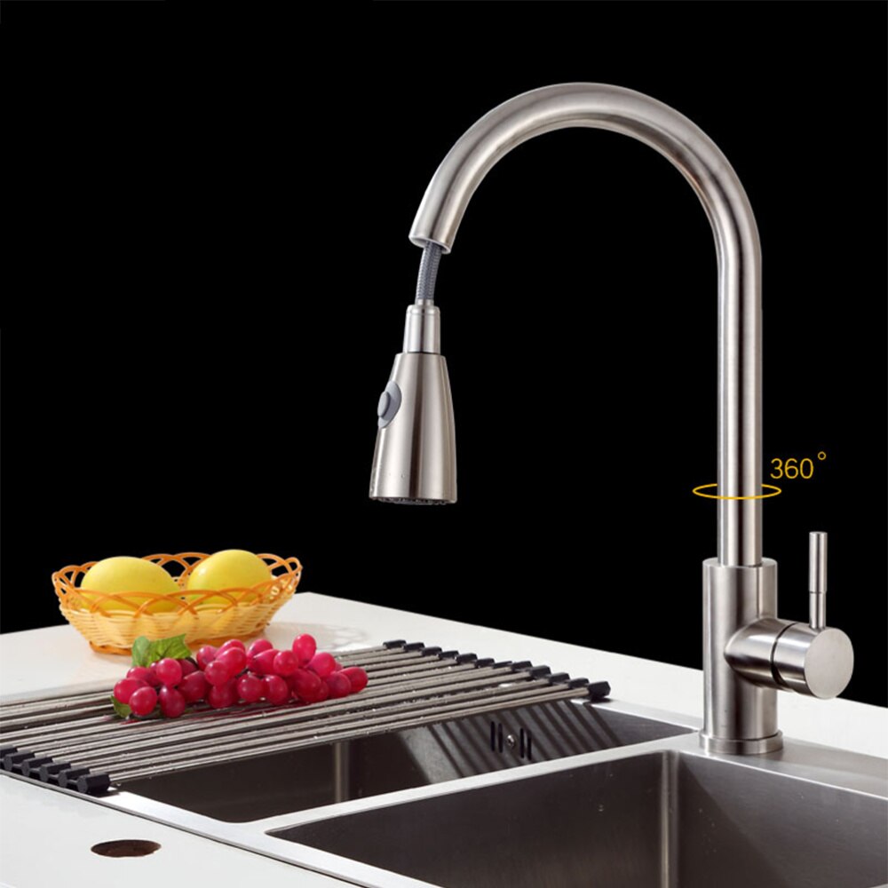 304 Stainless Steel Kichen Bathroom And Cold Tap Pulling Type Faucet Stretch Adjustable Faucet (with 2pcs 60cm Soft Tube Sil