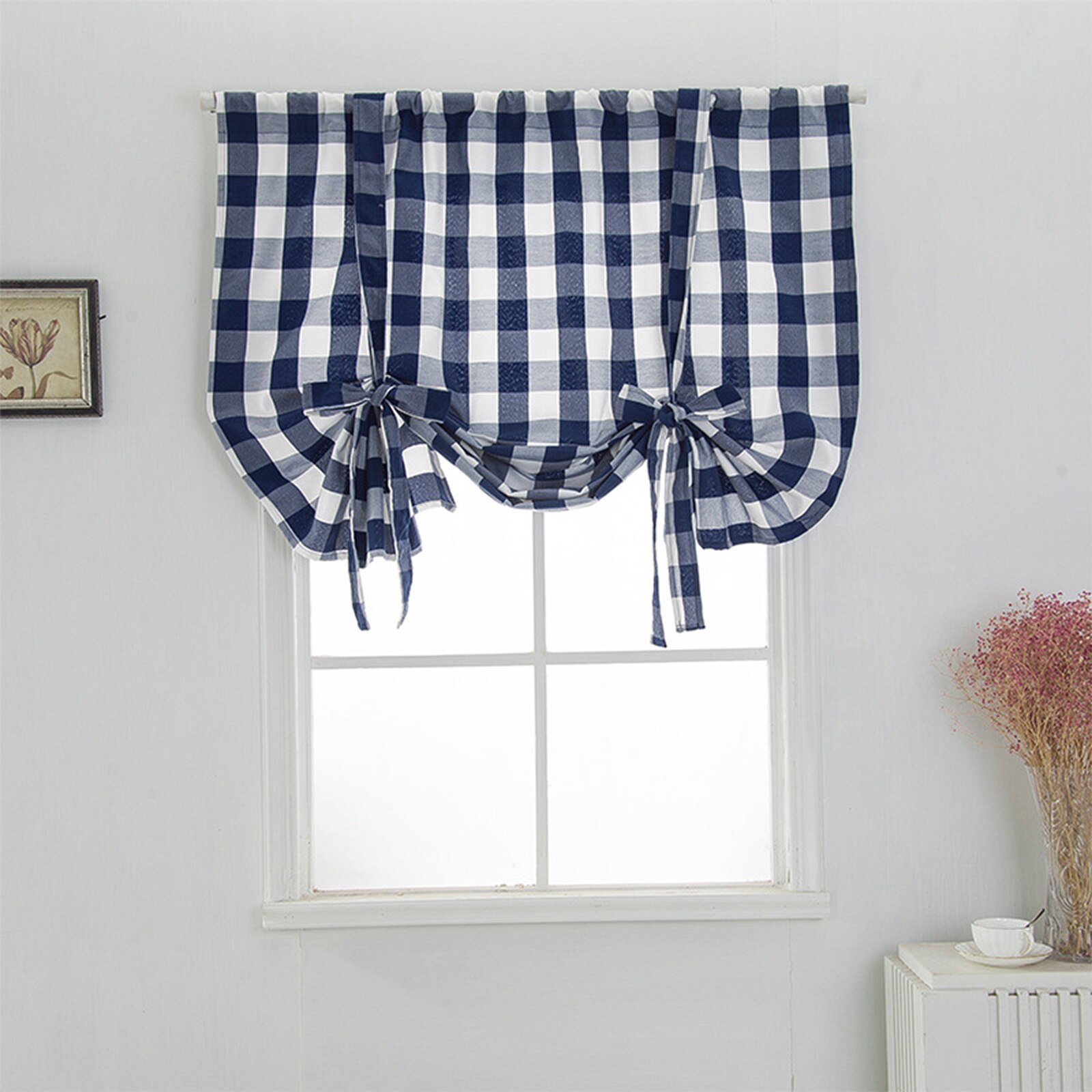 Cortinas romanas con estampado a cuadros para ventana, cortas, con agujeros, ajustables, opacas, para habitación y cocina