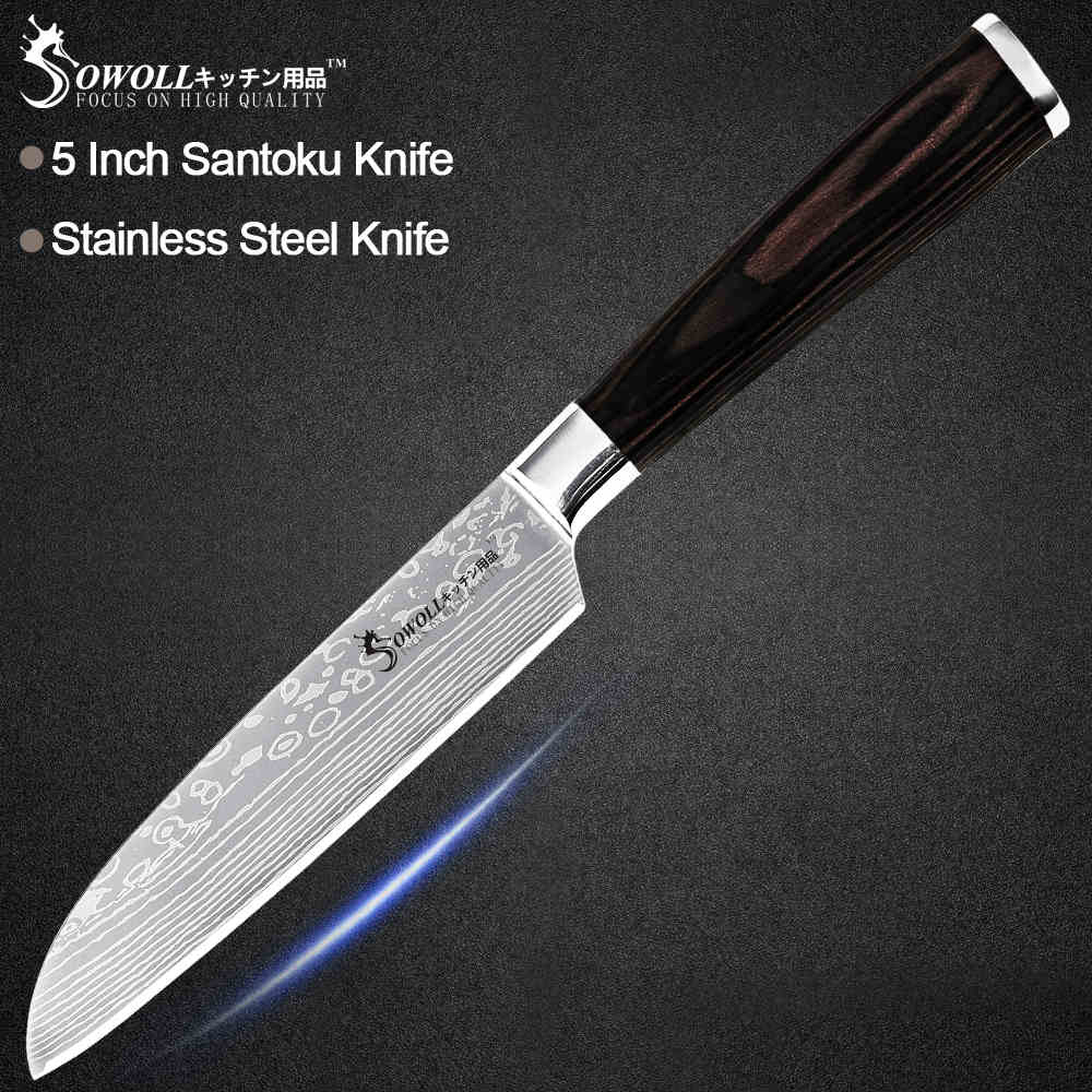 Sowoll Stainless Steel Cooking Knife Damascus Pattern Blade Chef Slicing Santoku Utility Paring Knife Camping Cooking Tools: J.5 santoku knife