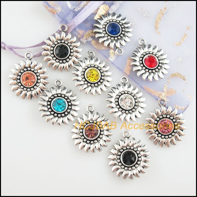 20 Sun Charms Tibetan Silver Tone Retro Mixed Crystal Pendants 20x24mm