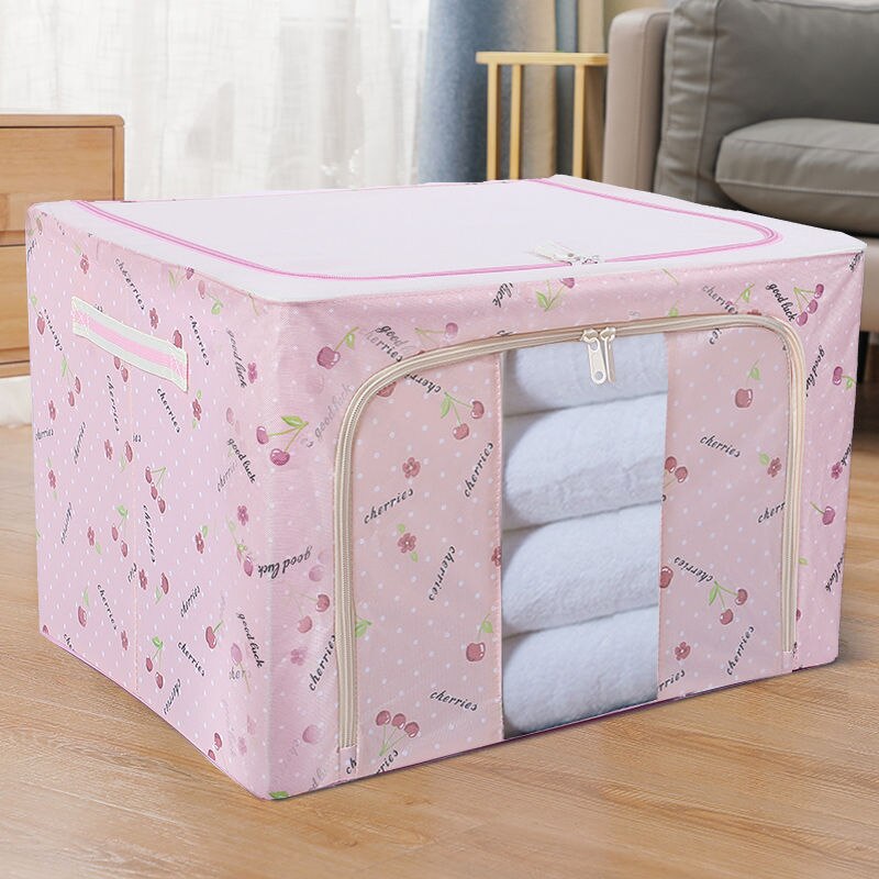 Inbyggd stålram hopfällbar täcke klädväska hushållskläder förvaringsbox dammtät täcke förvaring garderob organisatör: 100l 60 x 42 x 40cm / Rosa