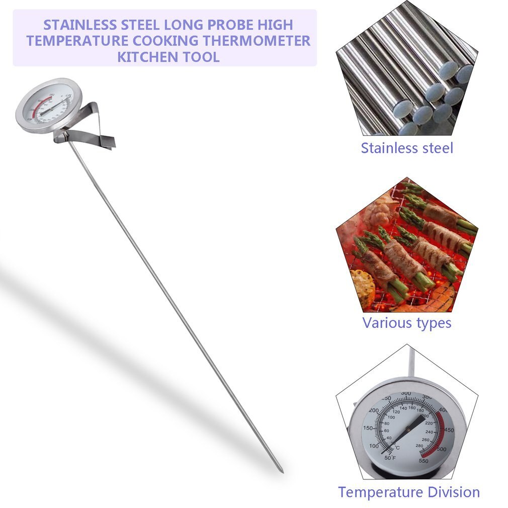 12" Long Stainless Steel Cooking Probe Thermometer with Clip for Food Meat Homebrew Wine Kettle Kitchen Household Thermometers