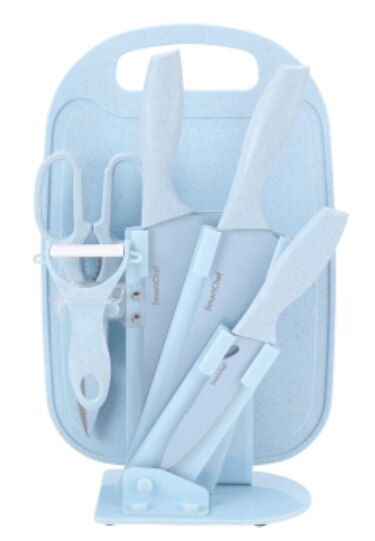 Tarwe Stro Mes Set Rvs Zeven Stuk Mes Set Keramische Mes Keuken Set Mes Schaar Fruit mes Houder: Blue Blue base