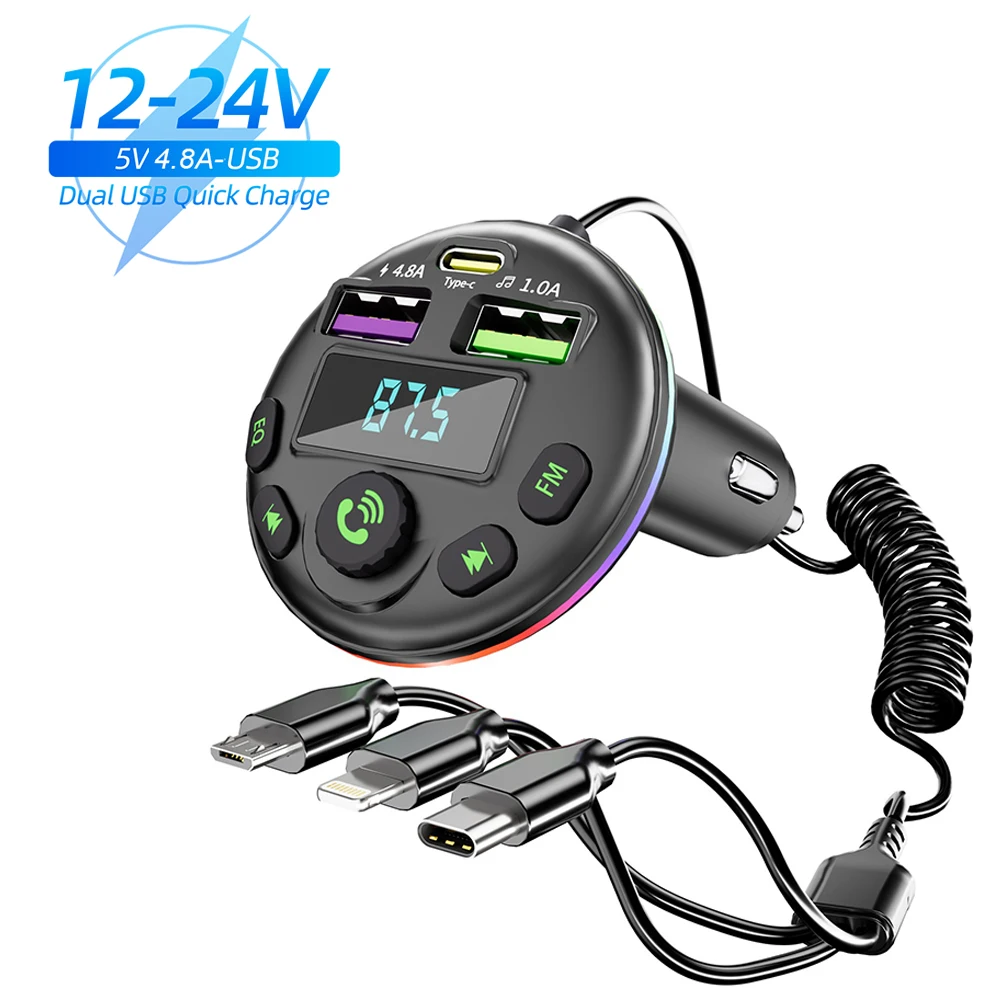 Auto Bluetooth 5.0 Fm-zender MP3 Modulator Speler Handsfree Audio-ontvanger Met 3 in 1 Oplaadkabel voor IPhone Huawei Xiaomi