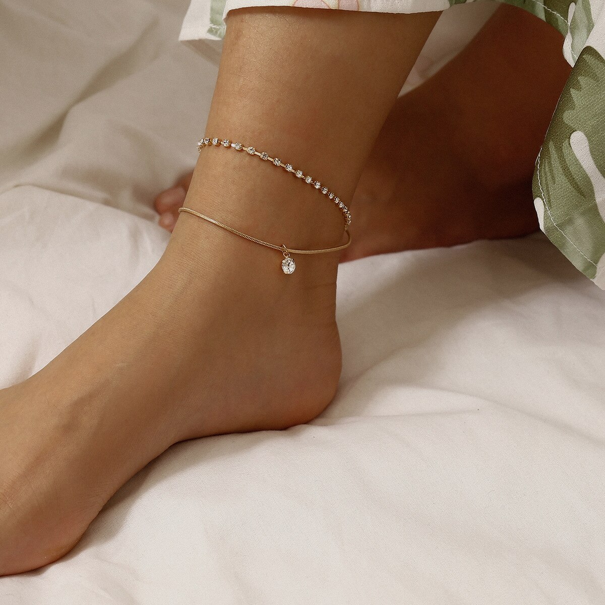 Chic Simple Double-Layer Gold Kleur Enkelbanden Ketting Mode Vrouwen Strand Foot Chain Been Armband Vrouwen Sieraden
