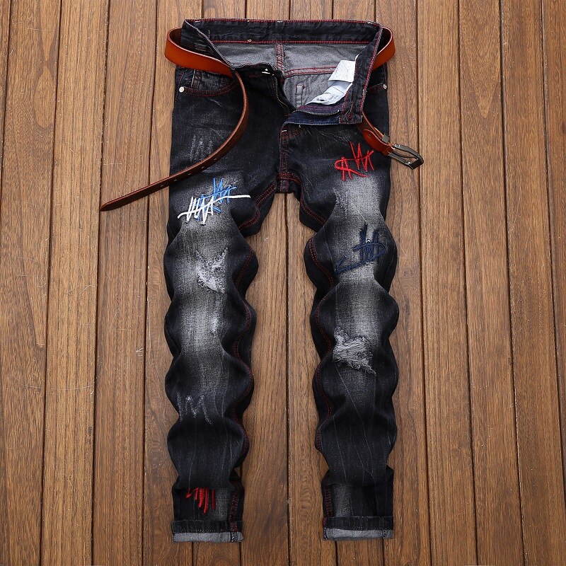 Mænd afslappet broderi rippet motorcykel slim fit bukser til mænd straight denim jeans mænd: 40