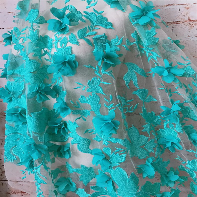 Türkis Bestickt Spitze Stoff Weiche 3D Chiffon Blume Tüll Stoff Braut Spitze Hochzeit Stoff von der werft
