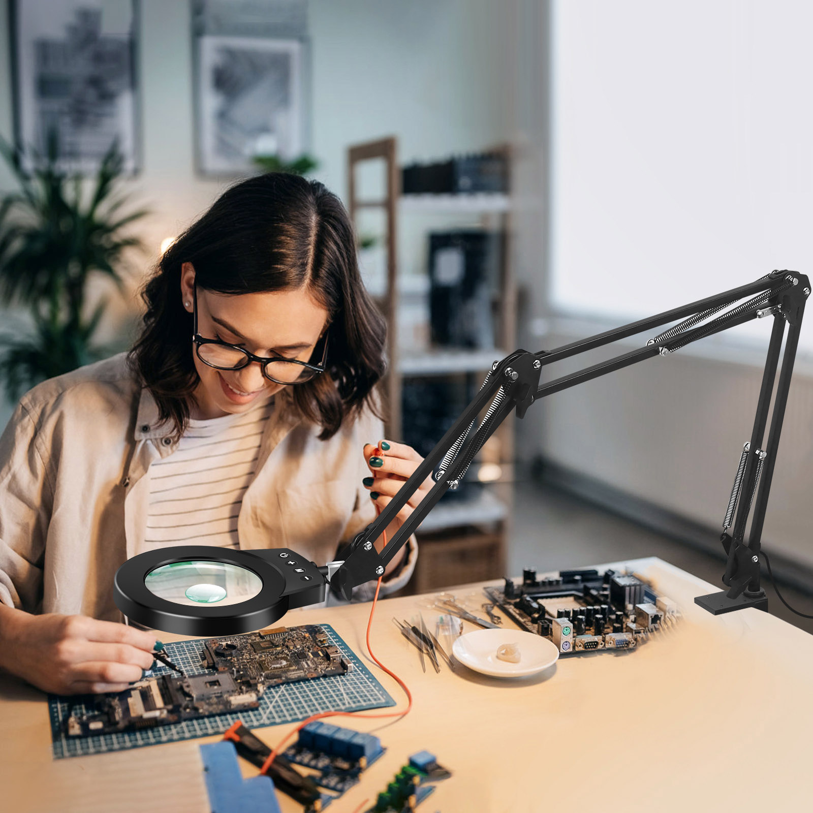 Lámpara de lupa de brazos oscilantes largos 5X/10X con luces LED de ajuste de 5 colores lámpara de mesa de lectura para reparación de soldadura trabajo cercano