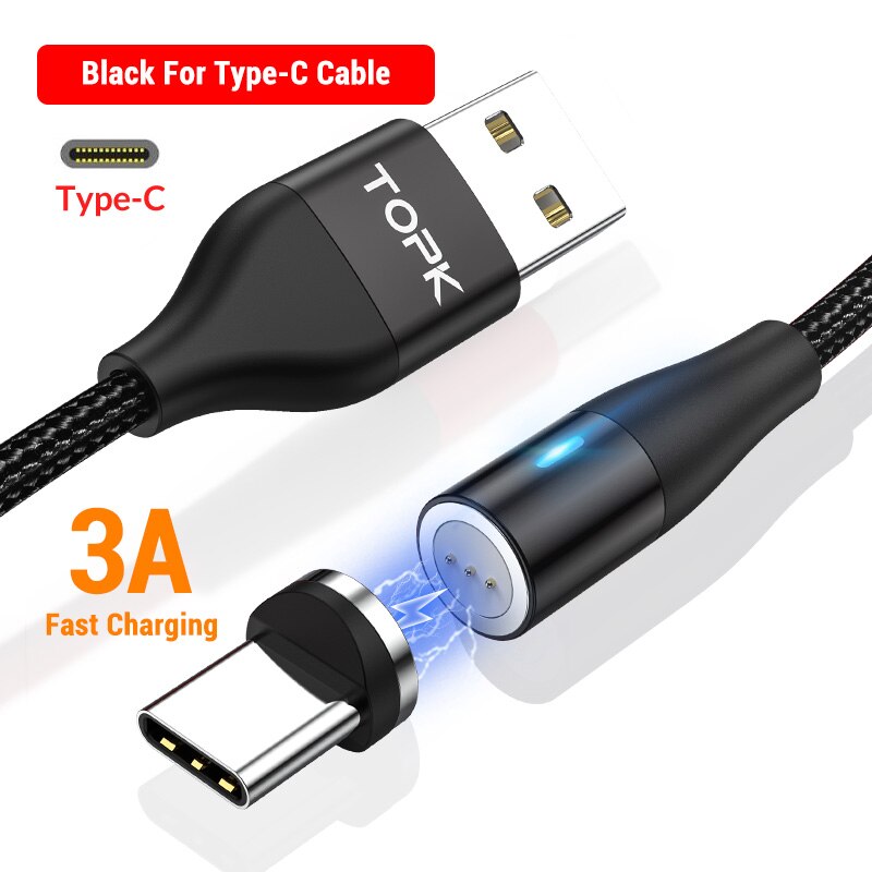 Topk AM60 3A Snel Opladen Led Magnetische Micro Usb Type C Kabel Voor Iphone Xs Max 8 7 6 Telefoon kabels: Type C Cable Black