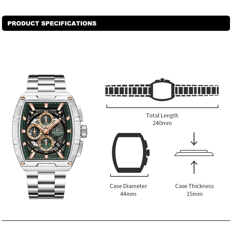NAVIFORCE zegarek kwarcowy dla mężczyzn moda wodoodporny świecący chronograf zegarek Auto data pasek ze stali nierdzewnej zegar prezent
