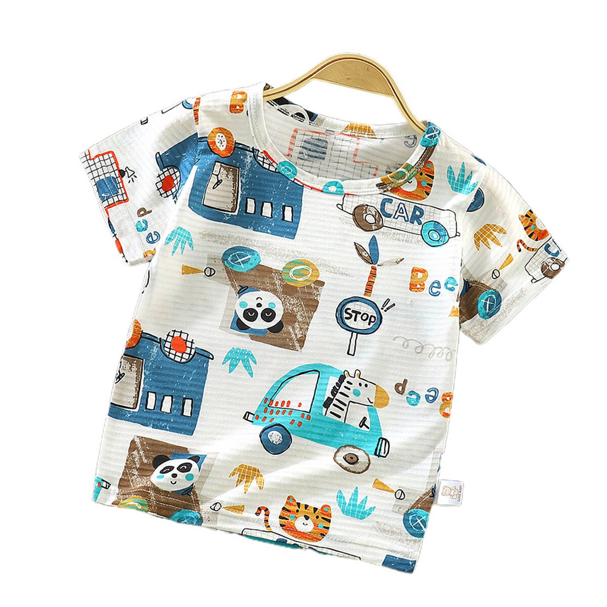 Haut d'été en coton à manches courtes pour petits enfants, motif dessin animé mignon de voiture ou de dinosaure, haut ample à col rond, vêtements sauvages: Un / 2t