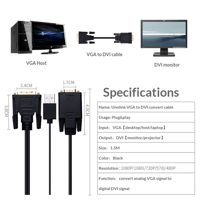Unnlink analog vga til dvi d kabel konverter digital adapter fhd 1080 til skærm computer hdtv projektor bærbar stationær pc vært