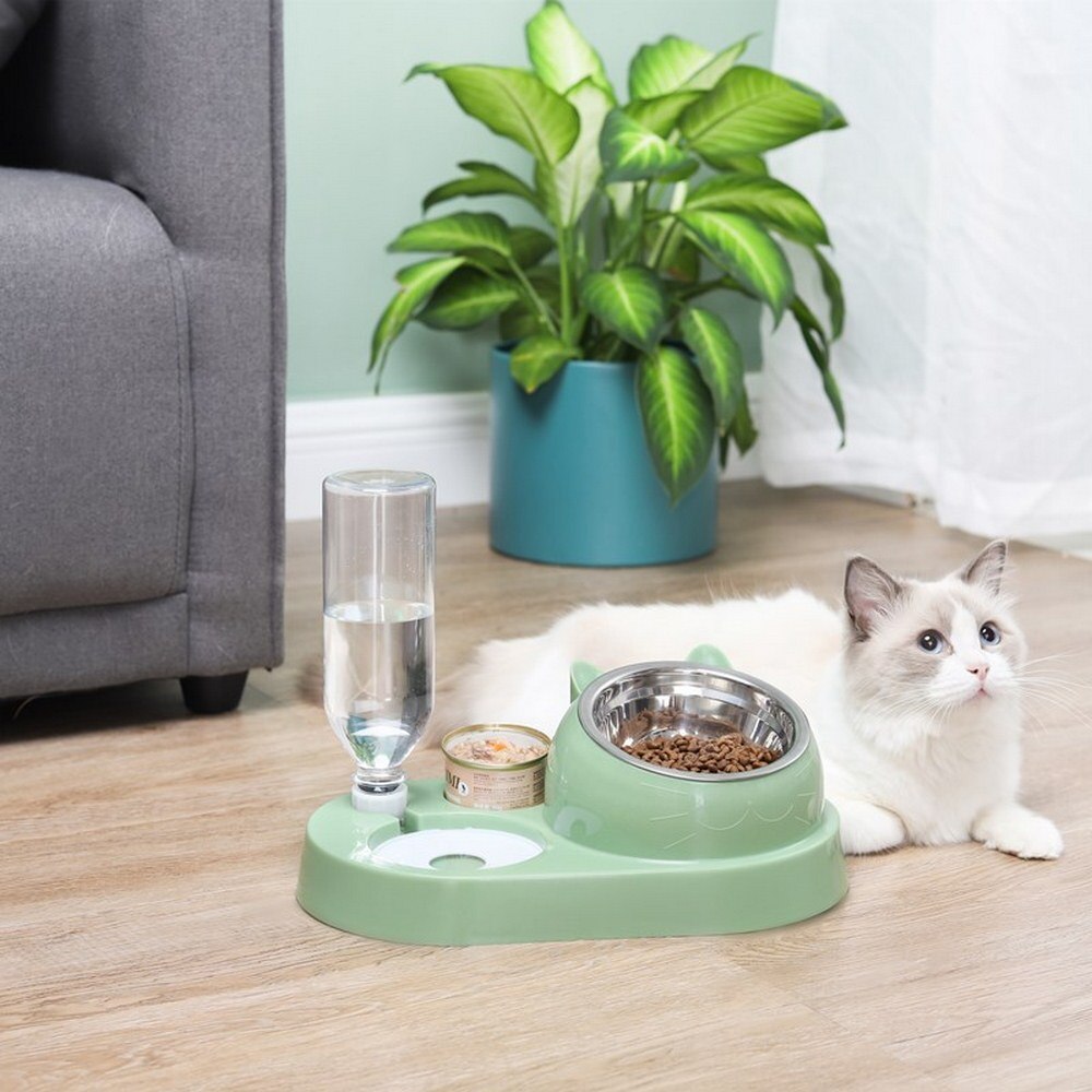 Cat Dog Bowl 15 Degrees Tilt Raised Pet Food Bowls 500ML Water Bottle Protect Pet's Spine, Drink and Food Bowls for Cat