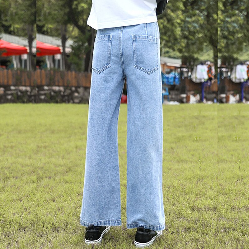 Pantalones vaqueros azules coreanos para niñas y adolescentes, pantalón largo de pierna ancha, para primavera, 4, 5, 6, 8, 9, 10, 12, 14 y 16 años