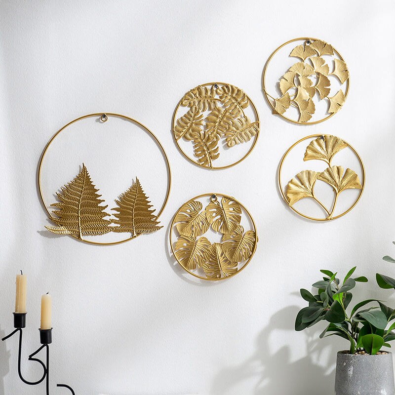 Nordic Home Decoration Metal Decor Living Room Wall Hanging Wall Decoration Round Golden Leaf Wall Hanging Display Stand