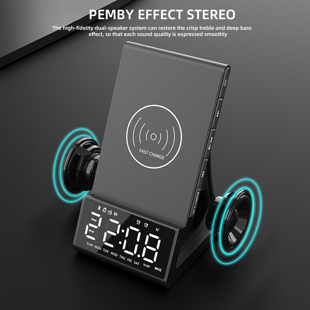 Led Smart Digitale Klok Draadloze Bluetooth Opladen Wekker Radio Dual Coil Snelle Lading Subwoofer Desktop Bluetooth Speaker