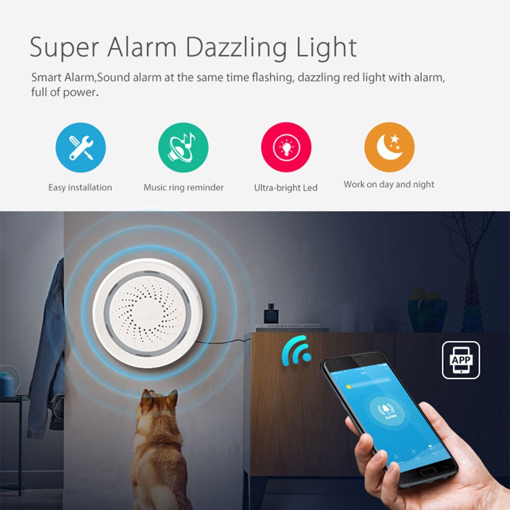 WiFi Siren Alarm Sensor Smart Home Security System USB Powered APP Notification Via Smartphone Support Alexa Google Home