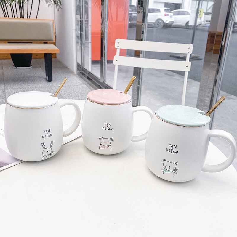Keramiska koppar tecknad mugg par söta koppar stora tekopp muggar lock kall dryck kopp kompis glas återanvändbar familjemugg