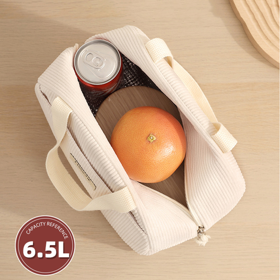 Portable Corduroy Lunch Bags Thermal Insulation Lunch Box Cute Print Women Lunch Storage Bag Picnic Bento Large Capacity Handbag