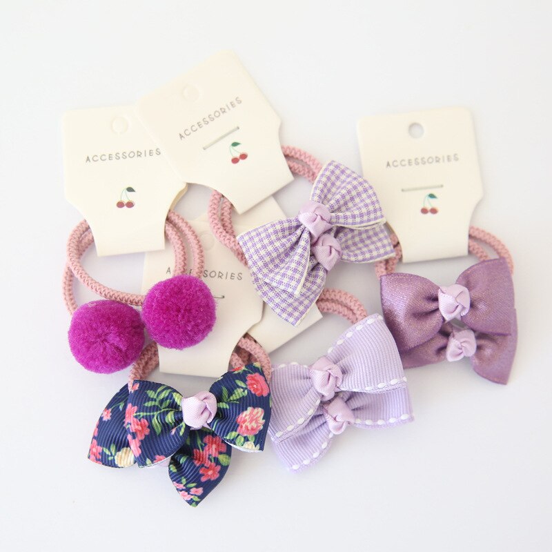10Pcs/Lot Sweet Hair Band Girls Hair Ties Bows Elastic Rubber Band Flower Small Ball Scrunchies Baby Kids Hair Accessories: purple set