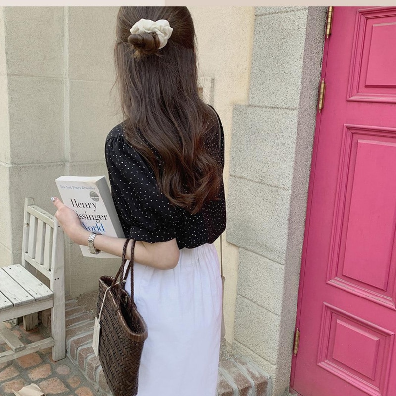 Camisa de lunares para mujer, blusa de talla grande de manga corta para chica, blusa coreana sencilla de gran tamaño que combina con todo,