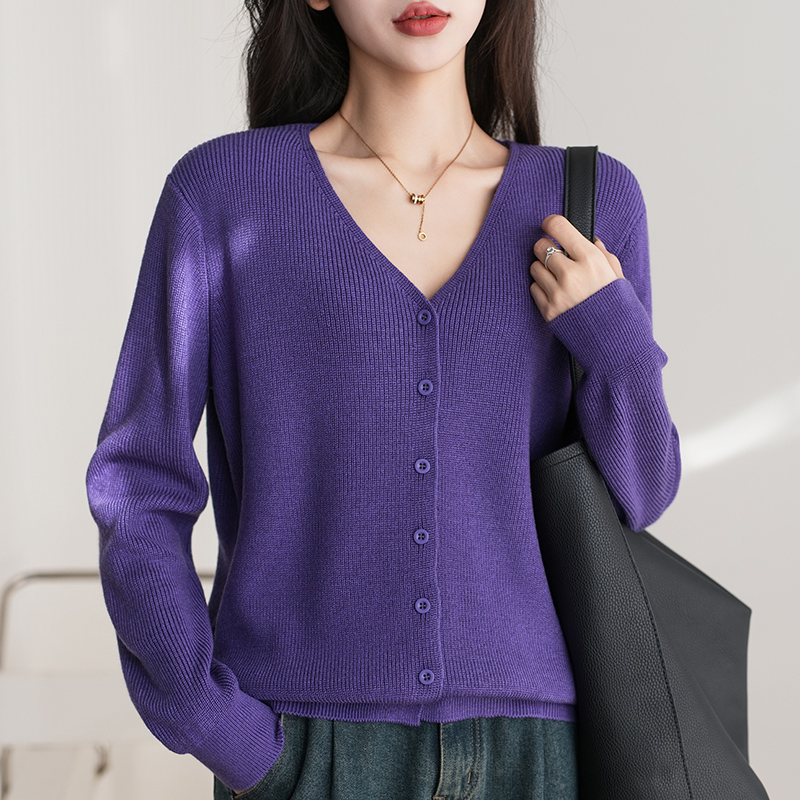 Spring/Autumn 100% Cotton Women's Sweater Casual V-neck Knitted Cardigan Ethnic Style Korean Edition Large Jacket Ttops: M / PURPLE