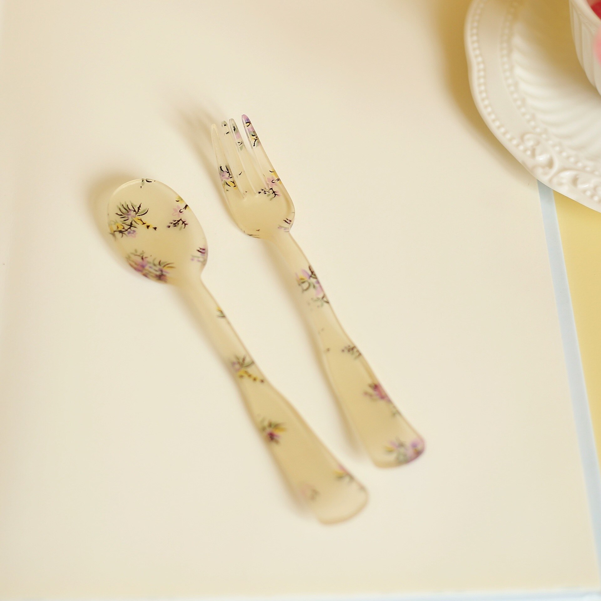 Plateau à Dessert en plastique, plat à gâteau en acrylique, motif de grille, assiettes florales, décoratives, fête de mariage, anniversaire, assiette à fruits cuillère fourchette: Foral spoon fork