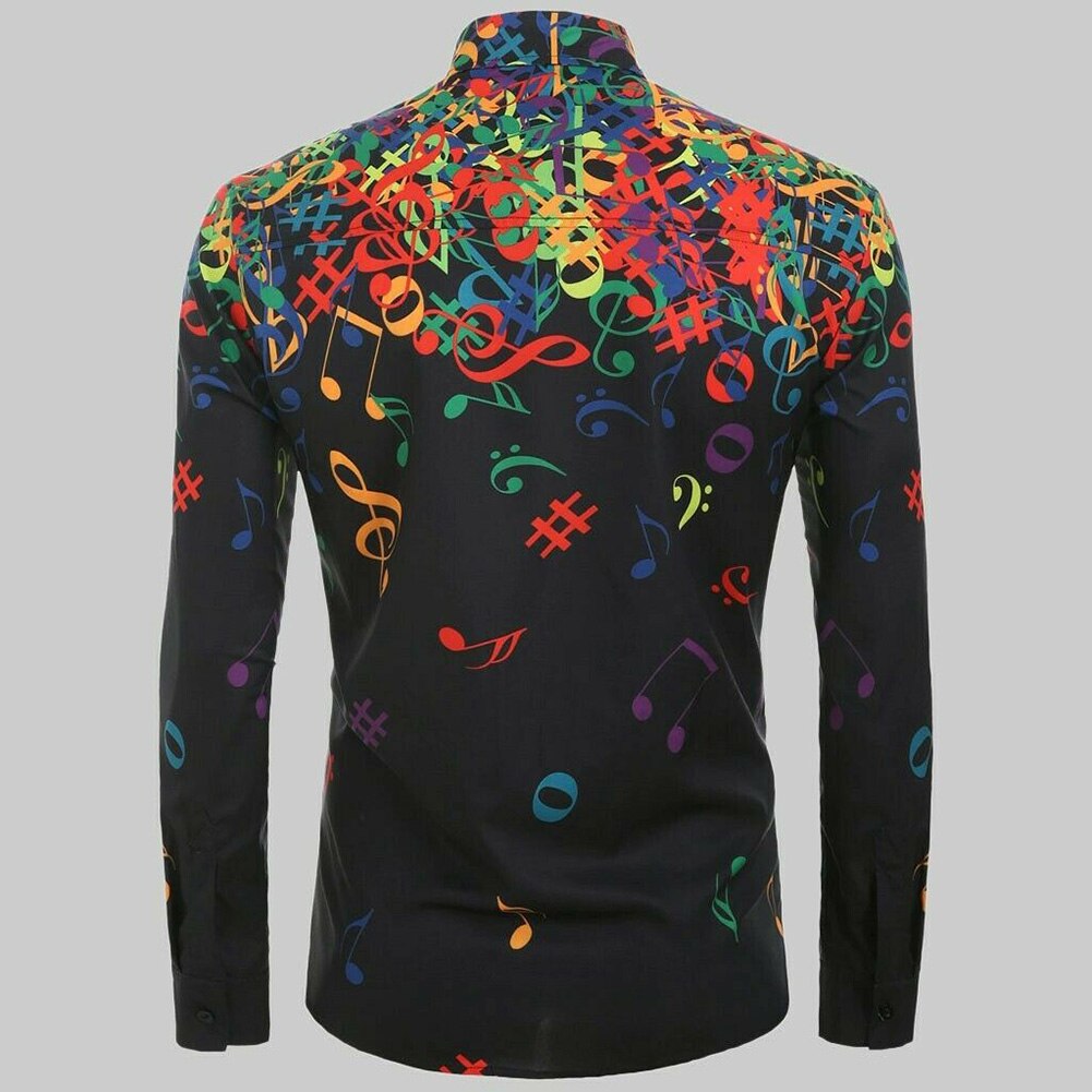 Men Casual Novelty Musical Note Pattern Long Sleeves Shirt Top Blouse for Party NIN668