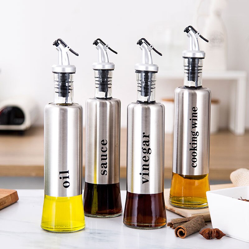 Kitchen Supplies Leakproof Stainless Steel Glass Oiler Spice Jar Soy Sauce Vinegar Cooking Wine Organizer Rack Liquid Container