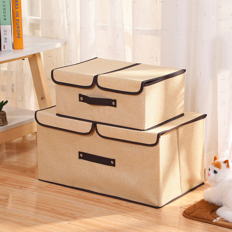 Cotton Fabric Foldable Storage Box Large Double Lid With Cover Organizer Underwear Miscellaneous Items Bedroom Arrangement Case