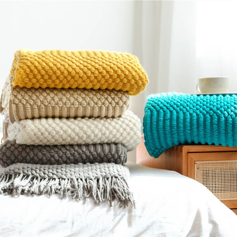 Mantas para sofá de estilo nórdico, mantas de punto para cama a cuadros en el sofá, mantas de avión de viaje informales, chal de borla para decoración del hogar