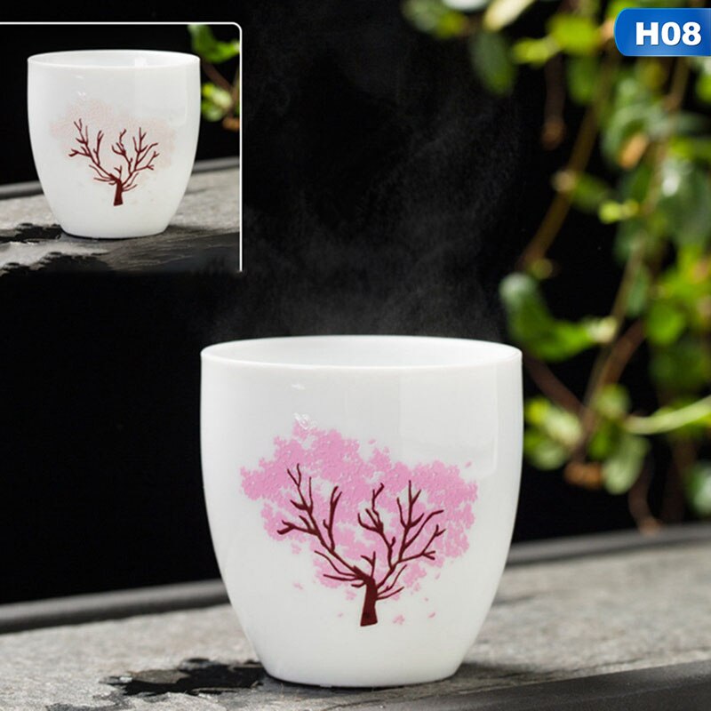 Ceramic Cup Sakura Teacup Cold Temperature Discoloration Color Changing Tea Cup Flower Ceramic Tea Set Tableware: H08