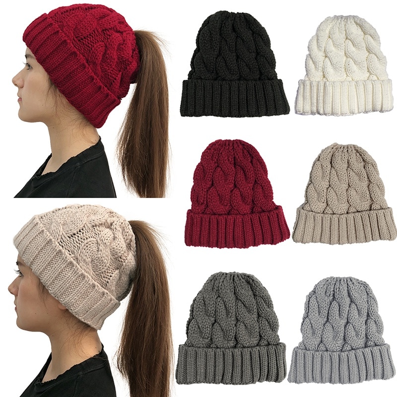 Hat autumn and winter woman knit warm innocent bonnet ponytail warm hat roll adjustable wool thick solid color