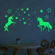 Enhjørning pvc vægoverføringsbilleder glød i mørket stjerner diy børn piger soveværelse enhjørning hest stjerne mønster fluorescerende væg klistermærke
