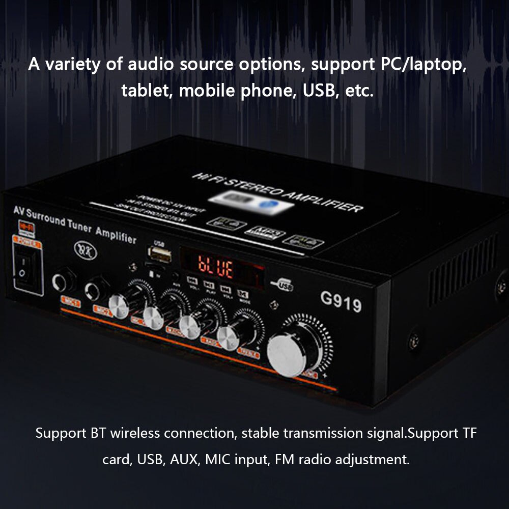 2 Channel Stereo Audio Amplifier BT Dual Channel Power Amplifier FM Radio Receiver with TF Card/USB/Aux Input Remote Control