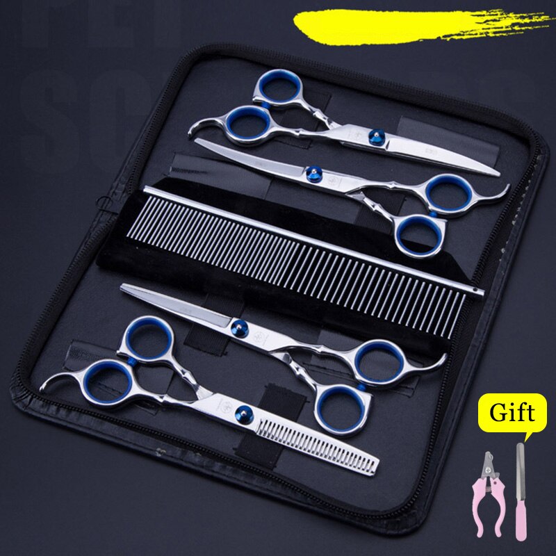 Pet scissors Straight &Thinning & Curved scissors 3pcs set +comb for dog grooming dogs shears hair cutter 7.0 inch: blue-x4
